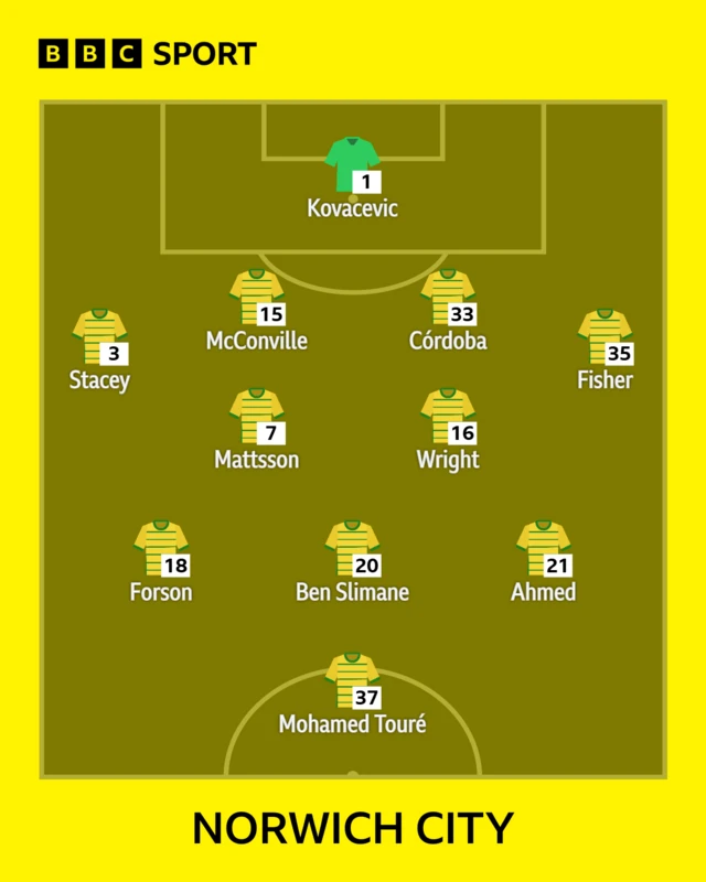 The Norwich team to face Hull City shown in formation using yellow shirts with the player names written in white under them
