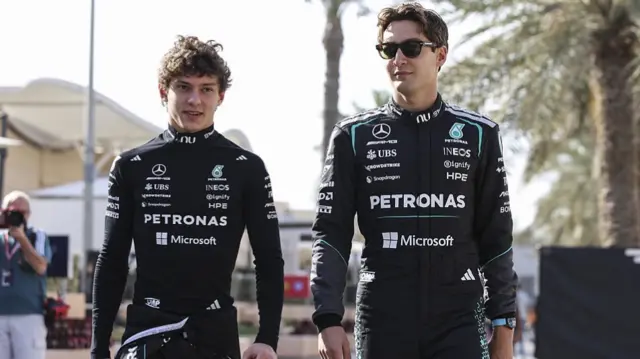 Andrea Kimi Antonelli and George Russell of the Mercedes AMG F1 Team are seen ahead of the pre-season tests