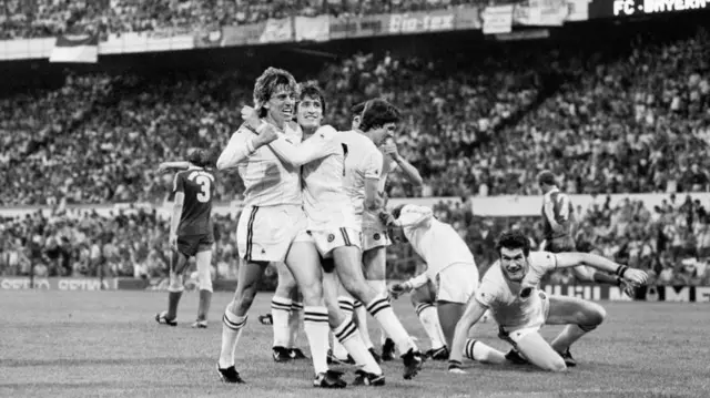 Aston Villa players celebrate as they defeat West German league winners Bayern Munich 1-0 at De Kuip in Rotterdam, Netherlands to win the European Cup for the first, and so far, only time