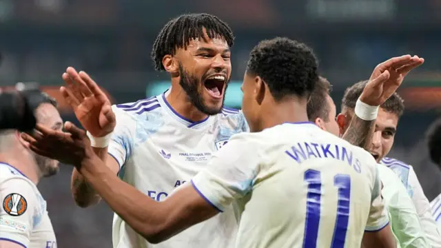 Tyrone Mings of Aston Villa celebrates after winning the UEFA Europa League Final