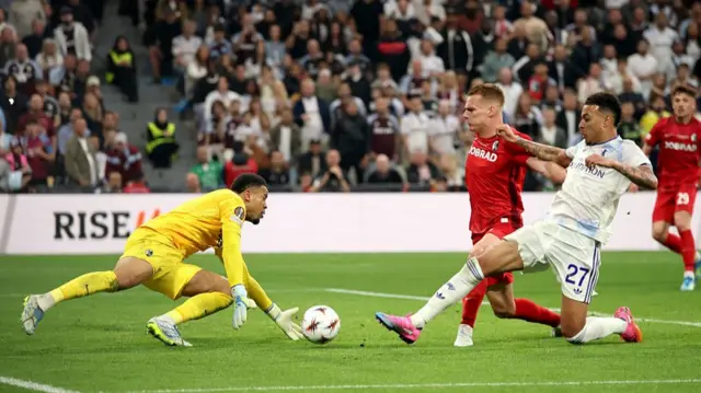 Morgan Rogers of Aston Villa scores his team's third goal