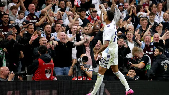 Morgan Rogers of Aston Villa celebrates scoring his team's third goal