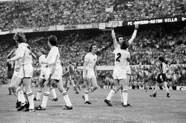 Aston Villa players celebrate winning the European Cup