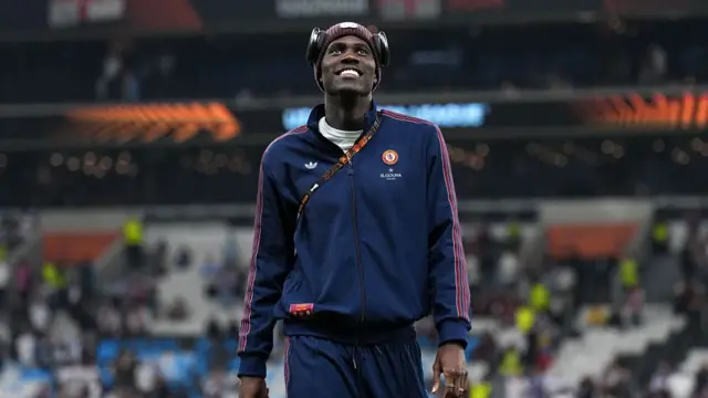 Amadou Onana of Aston Villa inspects the pitch prior to the UEFA Europa League Final