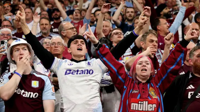 Fans of Aston Villa show their support from the stands during the UEFA Europa League Fina