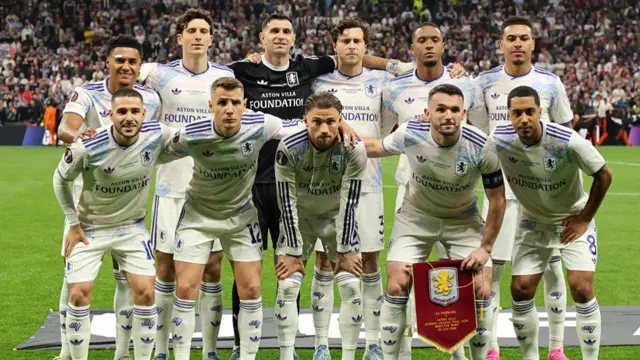 The players of Aston Villa pose for a team photo prior to kick-off ahead of the UEFA Europa League Fina