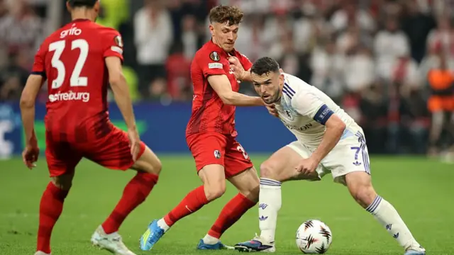 john McGinn of Aston Villa is challenged by Philipp Treu