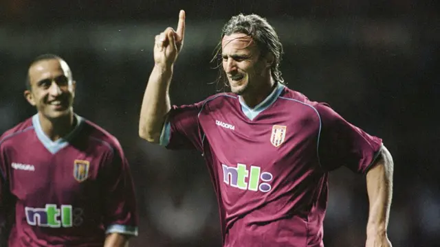 David Ginola of Aston Villa celebrates scoring the fourth goal during the InterToto Cup Final, Second Leg between Aston Villa and Basle