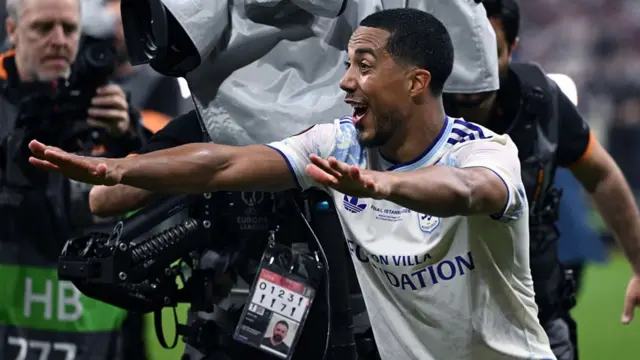 Youri Tielemans of Aston Villa celebrates at the end of the UEFA Europa League Final