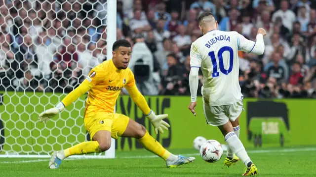 Emi Buendia of Aston Villa takes a shot while under pressure from Noah Atubolu o