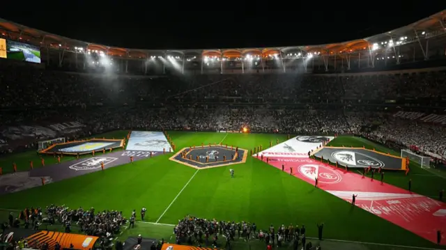 General view inside the stadium as banners of both teams are displayed on the pitch prior to the UEFA Europa League Final