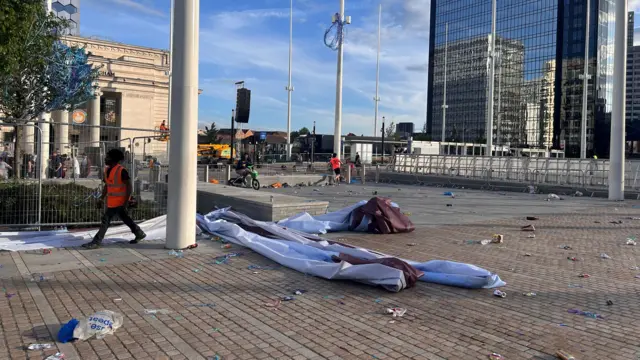 Centenary Square in Birmingham covered in rubbish and looking empty.