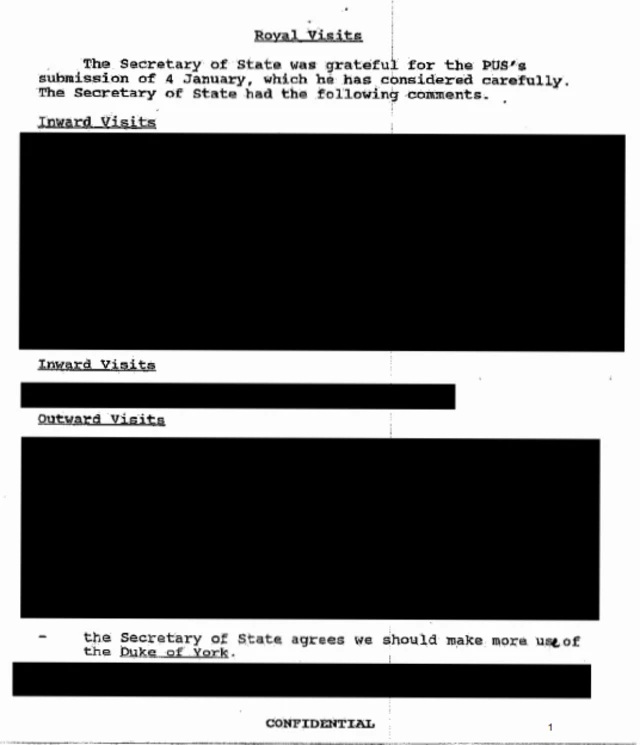 Screenshot showing an example of heavy redactions on one of the pages published in the Andrew files