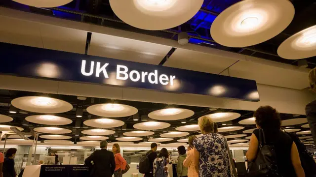 Sign showing UK boarder, where people are lined up.