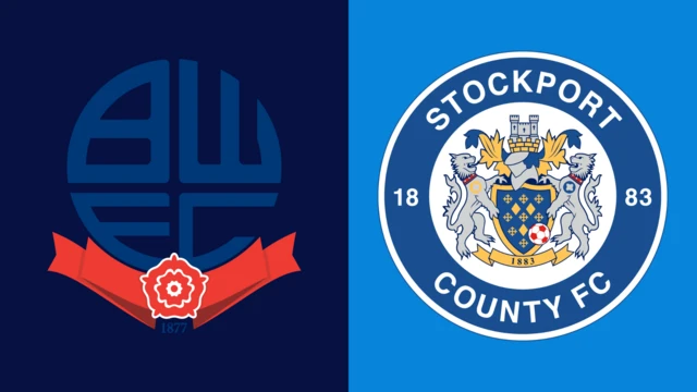The club badges of Bolton Wanderers and Stockport County side by side