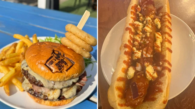 A plate of burger and chips alongside an image of a hot dog