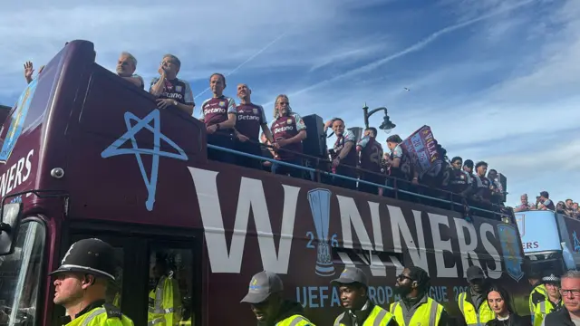 The Aston Villa parade bus travels down Hall Street, Birmingham