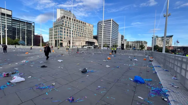 Centenary Square in Birmingham covered in rubbish and looking empty.