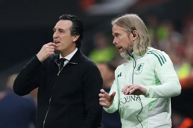 Aston Villa manager Unai Emery and set-piece coach Austin MacPhee