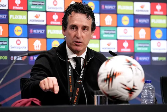 Aston Villa manager Unai Emery speaks to the press after his side's Europa League win