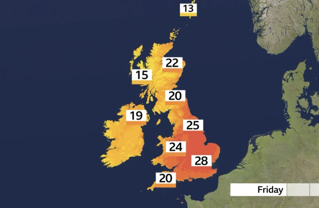 Map showing various temperatures across the UK on Friday 22nd May.