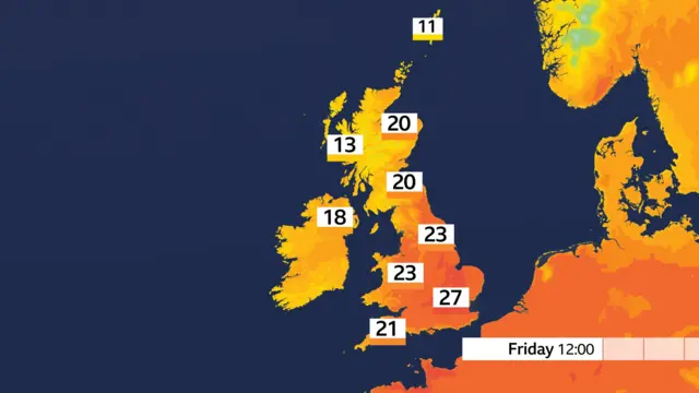 A map of the UK showing the temperatures with 27 down in London and 20 in Inverness, 11 in Shetland and 21 in Cornwall