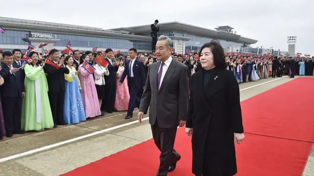 Wang Yi and Choe Son Hui walking down a red carpet on an airport runway, with a crowd to their side