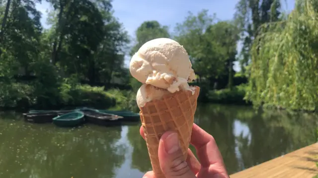 A hand holds an ice cream in sunny weather
