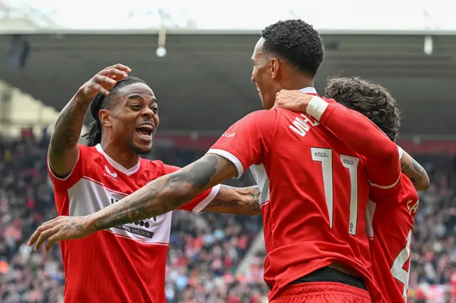 Morgan Whittaker of Middlesbrough celebrates with teammates Sontje Hansen and Jeremy Sarmiento after scoring