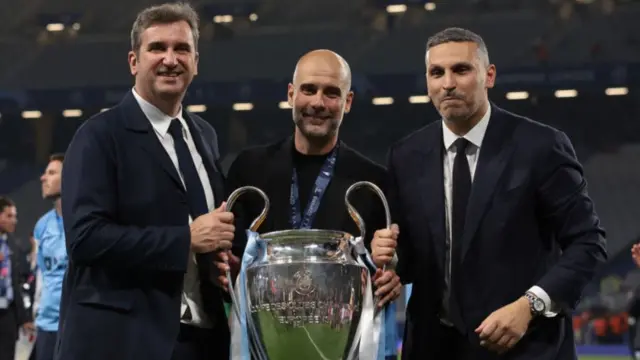 Ferran Soriano, left, with Pep Guardiola and Manchester City chairman Khaldoon Al Mubarak