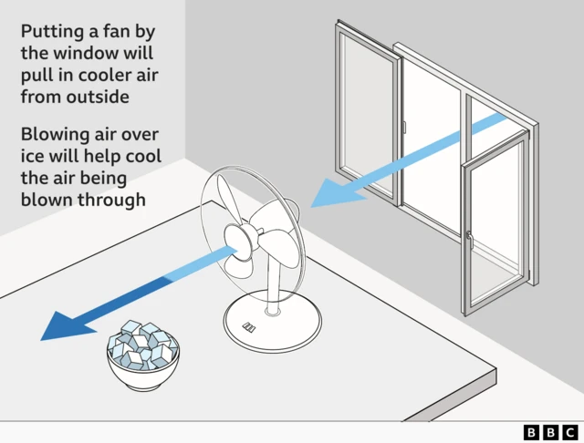 Infographic illustrating cooling tips using a fan near an open window. A table fan is positioned facing into a room, with blue arrows showing airflow entering from an open window and passing through the fan. A bowl of ice sits in front of the fan, indicating an additional cooling method. Text on the image reads: “Putting a fan by the window will pull in cooler air from outside” and “Blowing air over ice will help cool the air being blown through.” A BBC logo appears at the bottom.