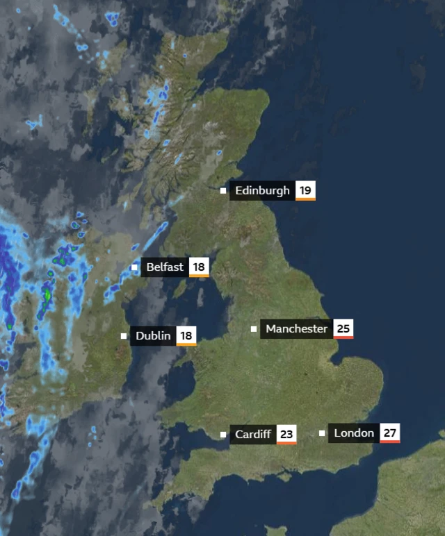A map of the UK marking the temperatures as London: 27°C Manchester: 25°C Cardiff: 23°C Edinburgh: 19°C Belfast: 19°C
