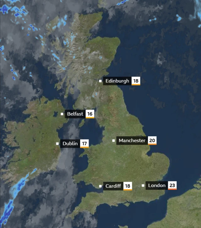 A map showing the UK, with Edinburgh at 18C, Belfast at 16C, Dublin at 17C, Manchester at 20C, Cardiff at 18C and London at 23C