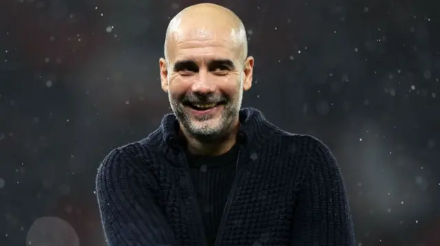 Pep Guardiola, Manager of Manchester City, celebrates after the team's victory
