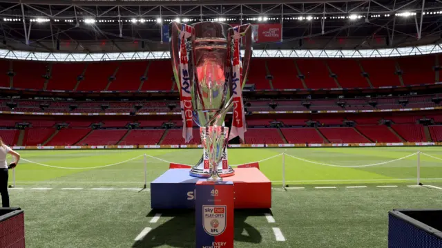 Championship play-off final trophy pitchside at Wembley
