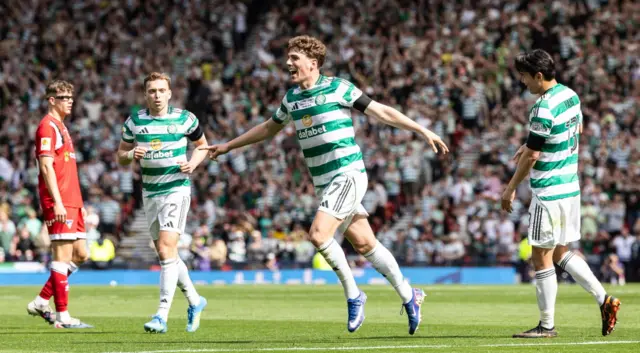 Celtic's Arne Engels celebrates scoring to make it 2-0 during the Scottish Gas Men's Scottish Cup Final between Celtic and Dunfermline Athletic at Barclays Hampden