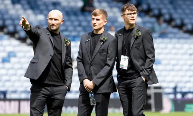 Dunfermline's Chris Kane, Matty Todd and Andy Tod before the Scottish Gas Men's Scottish Cup Final between Celtic and Dunfermline Athletic at Barclays Hampden, on May 23, 2026, in Glasgow, Scotland.
