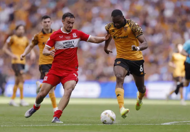 Hull City's Semi Ajayi in action with Middlesbrough's David Strelec