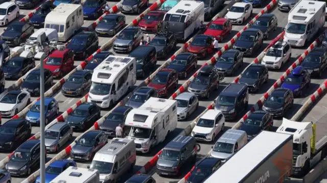 Traffic queuing for the Port of Dover in Kent.