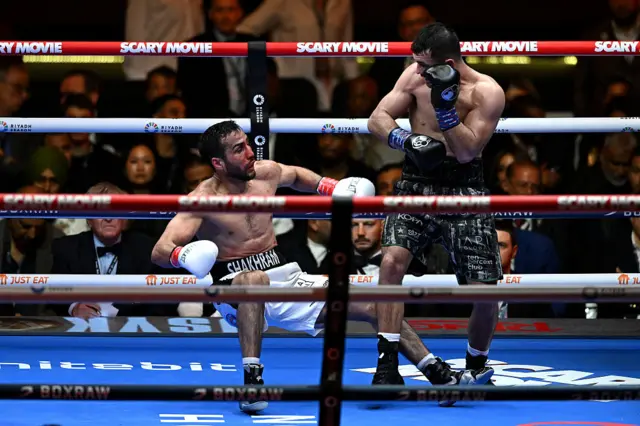 Jack Catterall drops Shakhram Giyasov in the ring