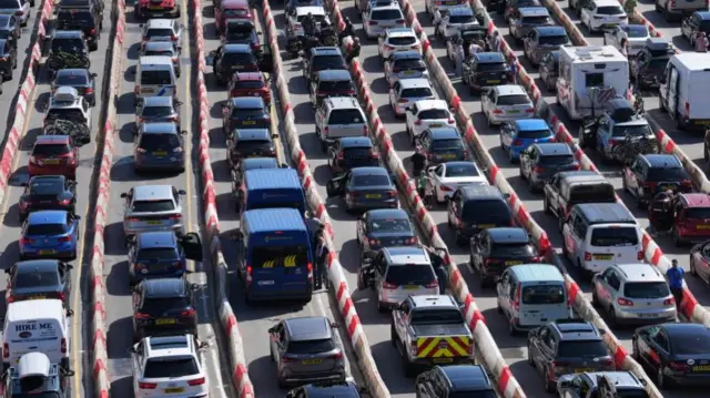Rows of cars in traffic jams
