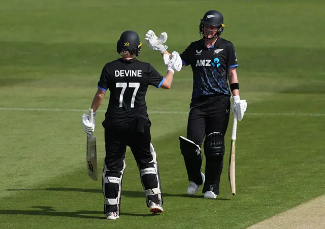 Sophie Devine of New Zealand celebrates after reaching her hald century during the 2nd Women's Vitality IT20 match between England and New Zealand at The Spitfire Ground