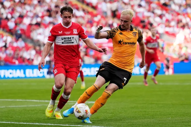 Hull City's Liam Millar (right) and Middlesbrough's Callum Brittain
