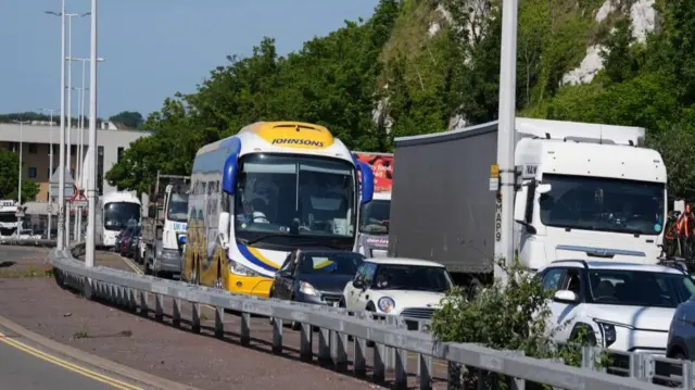 Traffic queuing for the Port of Dover in Kent.
