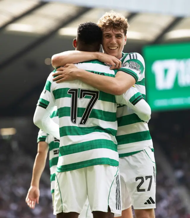 Celtic’s Kelechi Iheanacho celebrates with Arne Engels after scoring to make it 3-0 during the Scottish Gas Men's Scottish Cup Final between Celtic and Dunfermline Athletic at Barclays Hampden