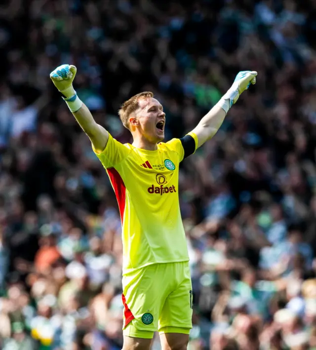 Celtic’s Viljami Sinisalo celebrates going 2-0 ahead during the Scottish Gas Men's Scottish Cup Final between Celtic and Dunfermline Athletic at Barclays Hampden, on May 23, 2026, in Glasgow, Scotland
