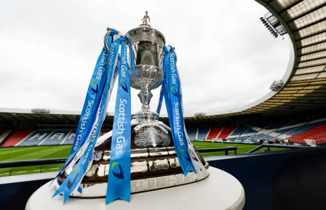 The Scottish Gas Men's Scottish Cup trophy during a press conference ahead of the Scottish Gas Men's Scottish Cup Final at Barclays Hampden, on May 21, 2026, in Glasgow,
