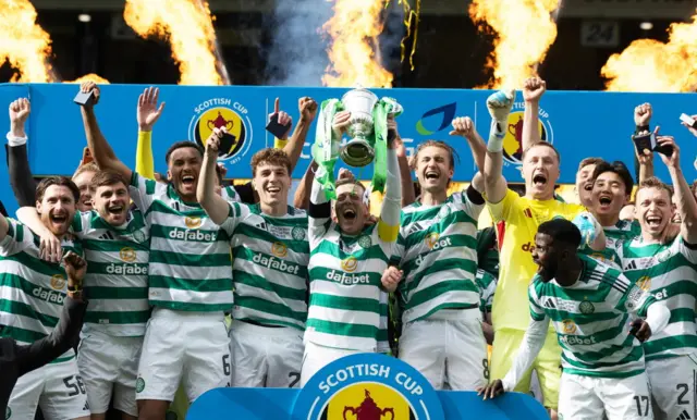 Celtic Captain Callum McGregor lifts the Scottish Cup Trophy during the Scottish Gas Men's Scottish Cup Final between Celtic and Dunfermline Athletic at Barclays Hampden, on May 23, 2026, in Glasgow, Scotland.