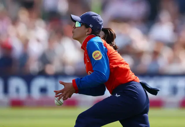 England's Maia Bouchier drops a catch