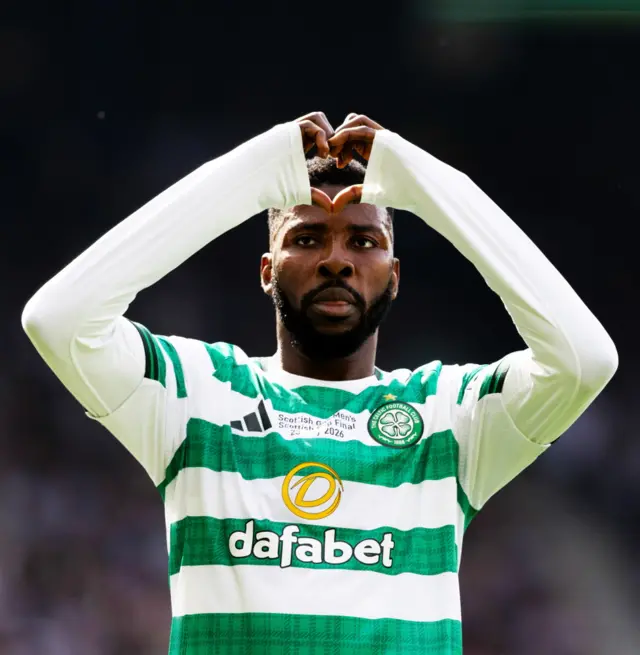 Celtic’s Kelechi Iheanacho celebrates after scoring to make it 3-0 during the Scottish Gas Men's Scottish Cup Final between Celtic and Dunfermline Athletic at Barclays Hampden, on May 23, 2026, in Glasgow
